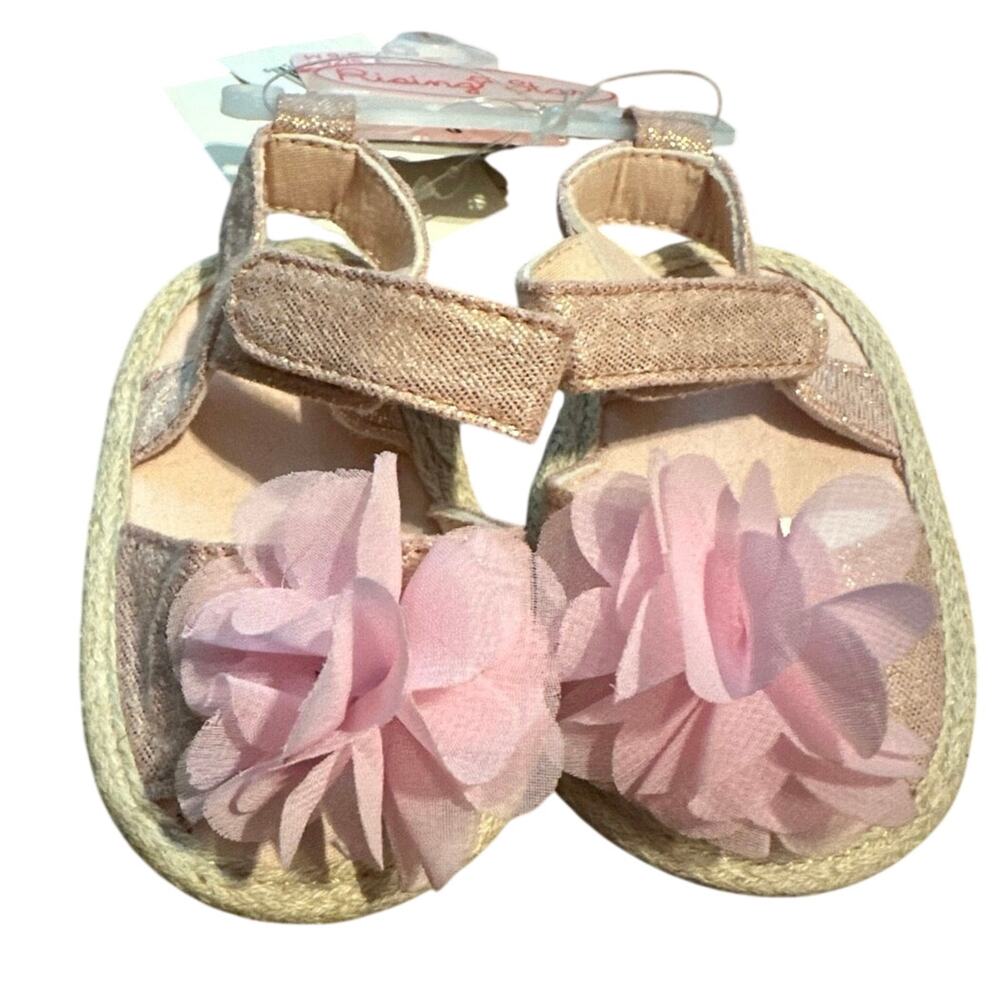 NWT Rising Star Baby Girl Pink Flower Sandal 3-6 Months Pre-walker Tan Metallic